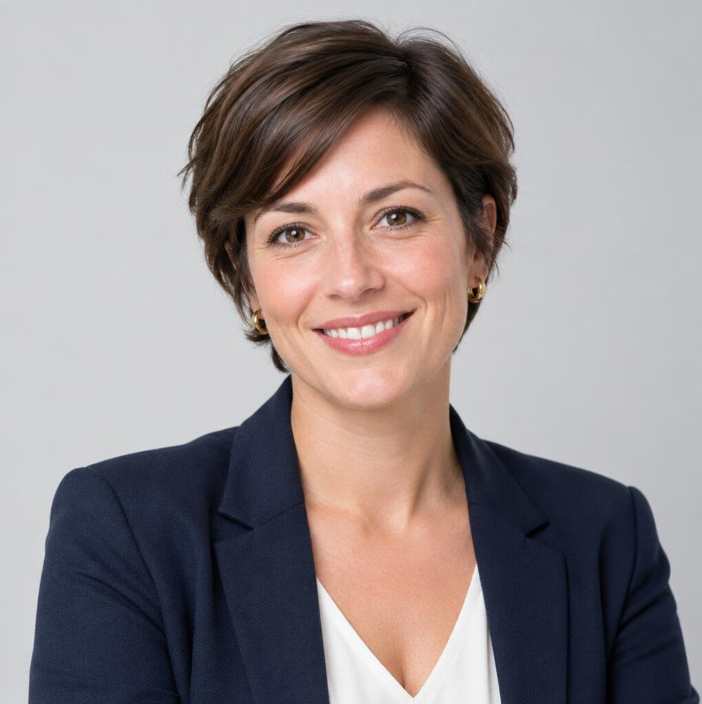 Studio portrait of a professional woman with short hair smiling