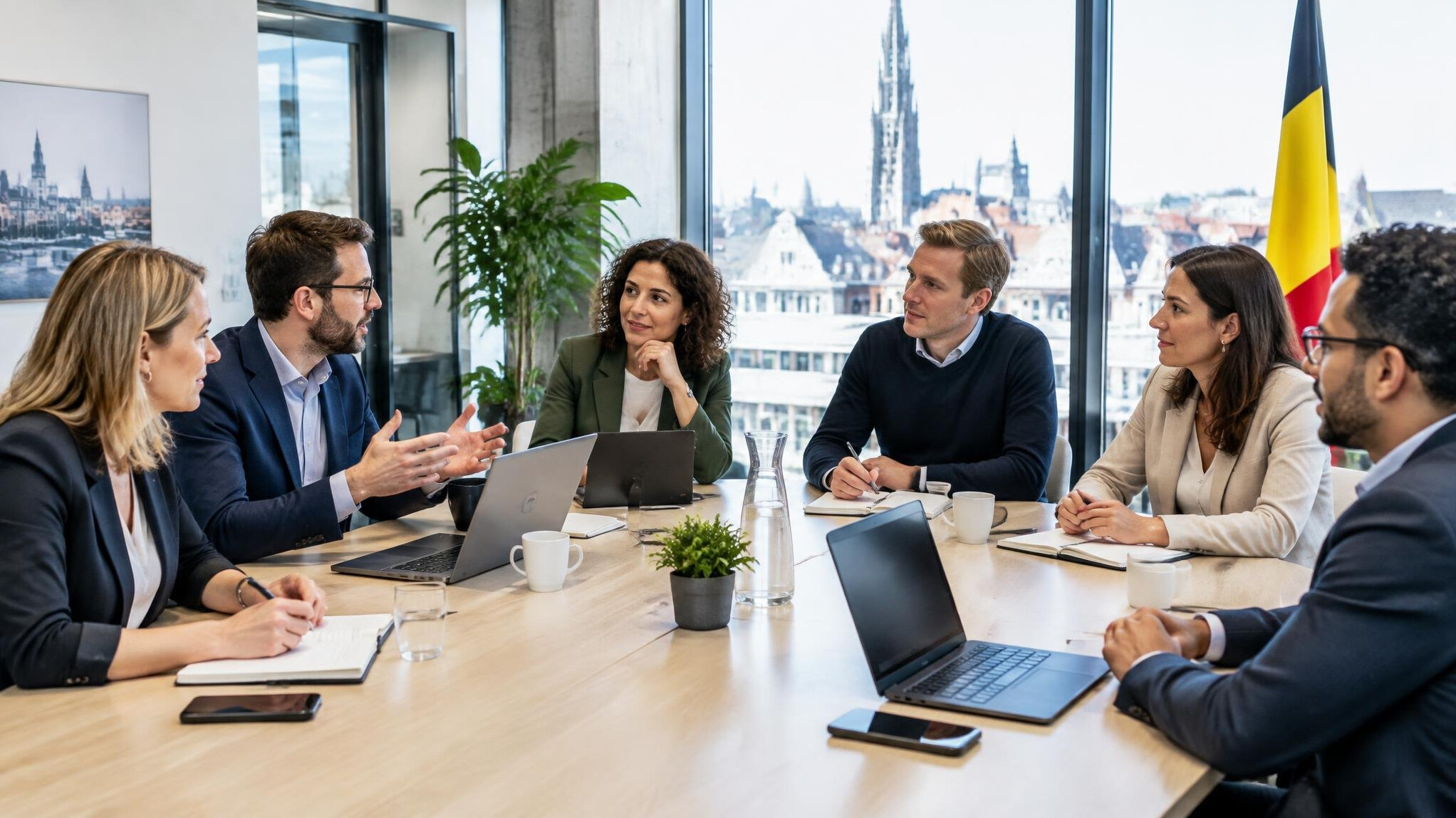 Diverse team of professionals collaborating around a table during a corporate meeting