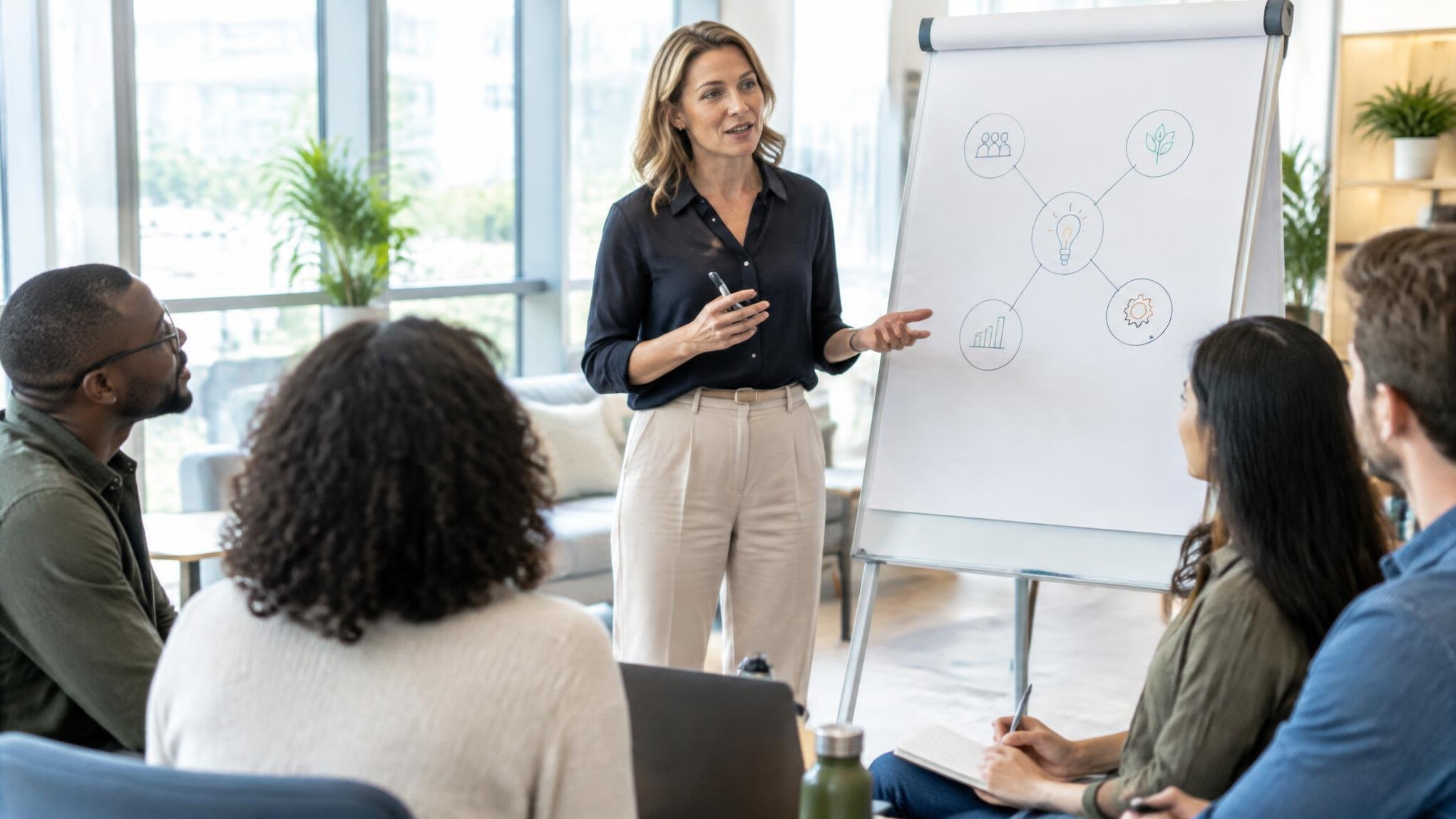 Facilitator leading a workshop discussion with colleagues in an office